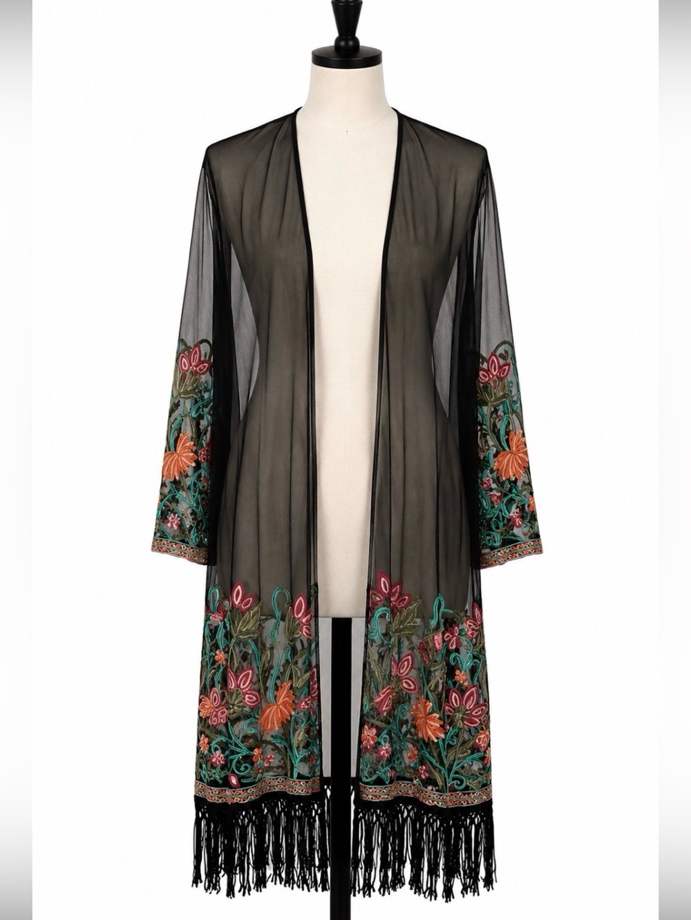 Elegant Black Sheer Embroidered Duster with Fringe Hem CoverUp Tunic | M